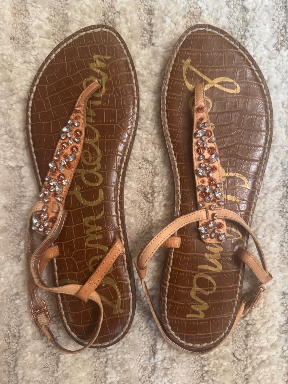 Sam Edelman Embellished Tan T-Strap Women's Sandals